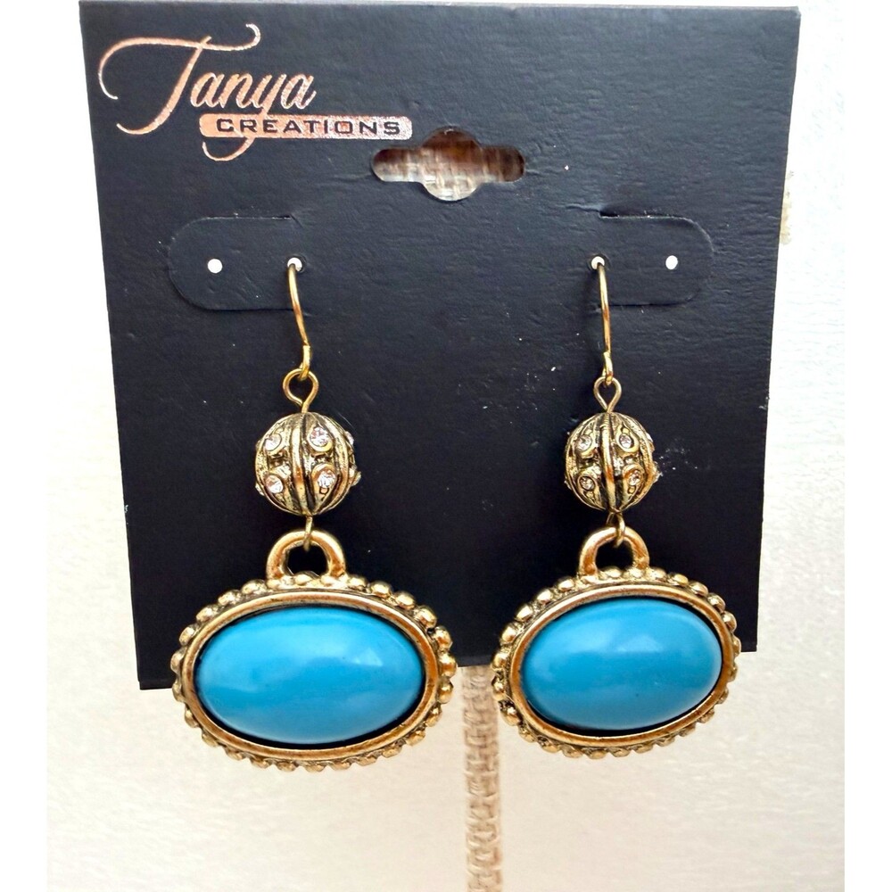 Antique Brass Faux Turquoise Cabochon Drop Earrings NWT